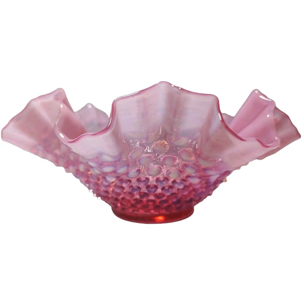 Vintage Fenton Cranberry Bowl Opalescent Hobnail Double‎ Crimped Edge 10.25 Inch